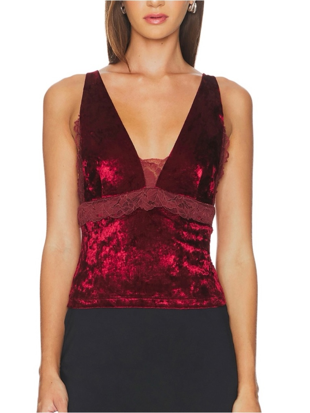 NWT Free People Bed Of Roses Wine Red /。Burgundy Velevt Lace Cami Top Size S